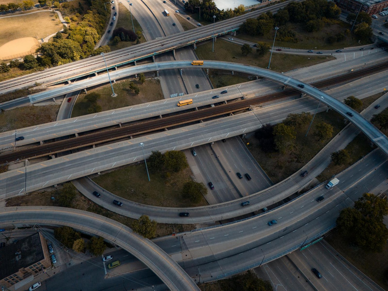 aerial view of urban highway interchange loop